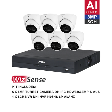 Dahua WizSense 6 Camera Kit: 6x 8MP 3X66 Turret, 8Ch AI NVR - K8086T