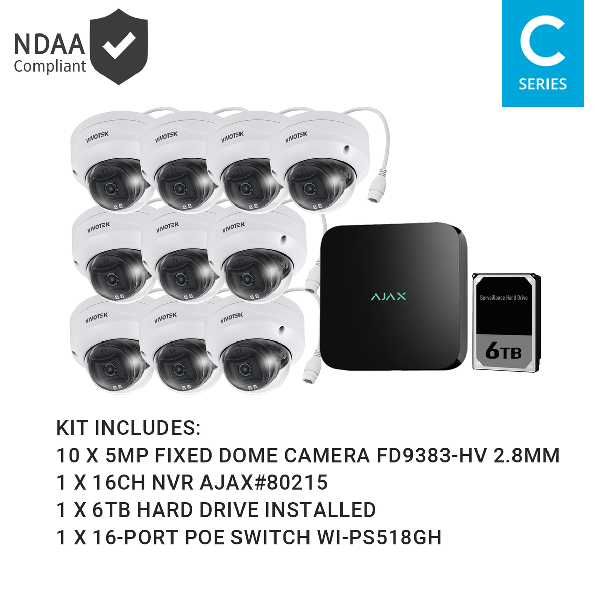 Ajax KIT-AJAX-AI-5MP16106D-B 16CH Black NVR Vivotek AI 5MP Fixed Dome Kit