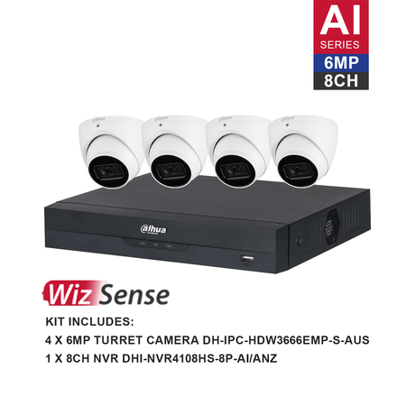 Dahua WizSense 4 Camera Kit: 4x 6MP 3X66 Turret, 8Ch AI NVR - K6084T