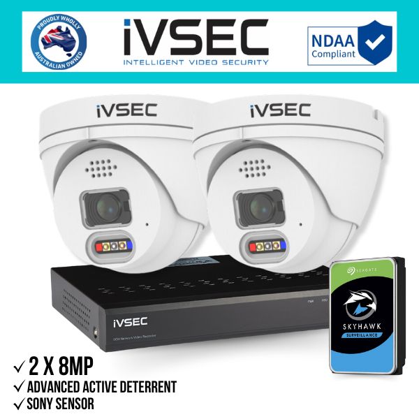 IVSEC Security Kit: 2x 8MP Adv. Deter Turret, SONY Sensor, 4CH NVR, HDD