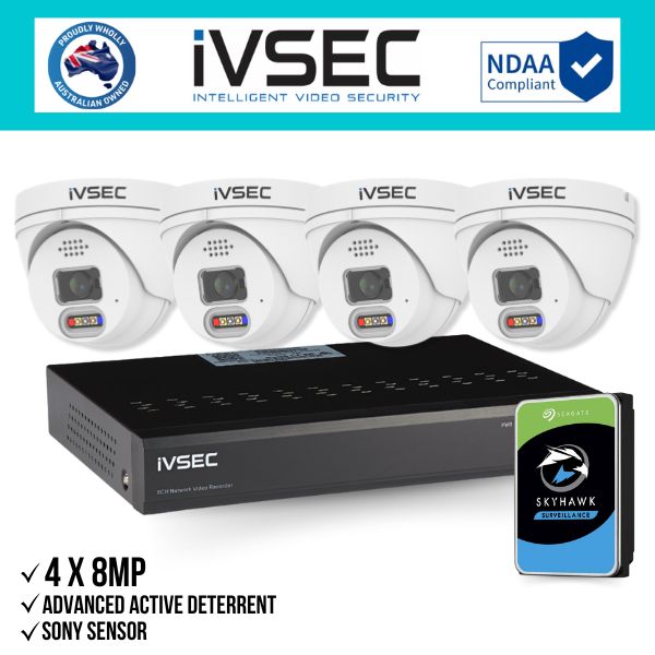 IVSEC Security Kit: 4x 8MP Adv. Deter Turret, SONY Sensor, 4CH NVR, HDD