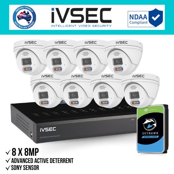 IVSEC Security Kit: 8x 8MP Adv. Deter Turret, SONY Sensor, 8CH NVR, HDD