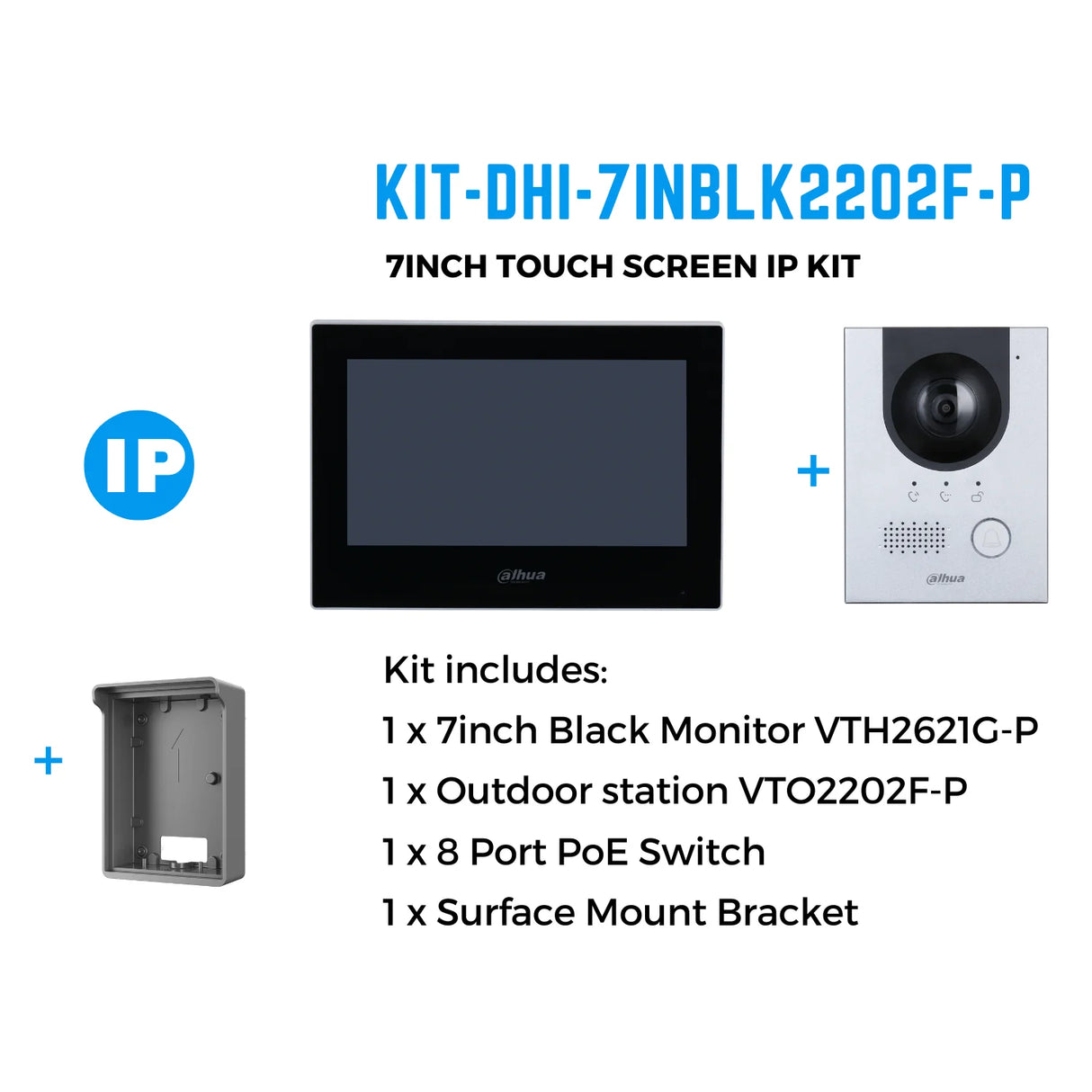 Dahua Intercom Kit: 7" Monitor (BLACK), 2MP Outdoor Camera, 4 PoE Switch - KIT-DHI-7INBLK2202F-P