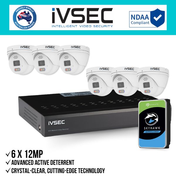 IVSEC Security Kit: 6x 12MP Adv. Deter Turret, 3.6mm, 8CH NVR, HDD