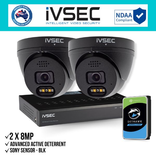 IVSEC Security Kit: 2x 8MP Adv. Deter Turret, SONY Sensor, Black, 4CH NVR, HDD