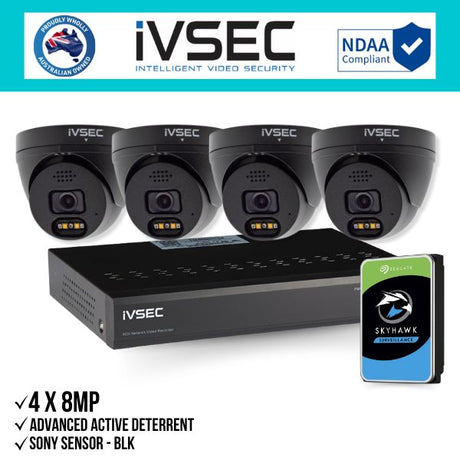 IVSEC Security Kit: 4x 8MP Adv. Deter Turret, SONY Sensor, Black, 4CH NVR, HDD