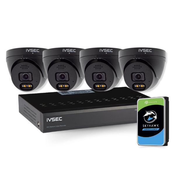 IVSEC Security Kit: 4x 8MP Adv. Deter Turret, SONY Sensor, Black, 4CH NVR, HDD