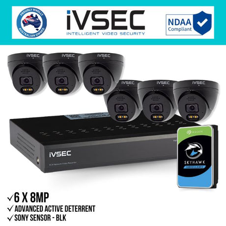 IVSEC Security Kit: 6x 8MP Adv. Deter Turret, SONY Sensor, Black, 8CH NVR, HDD