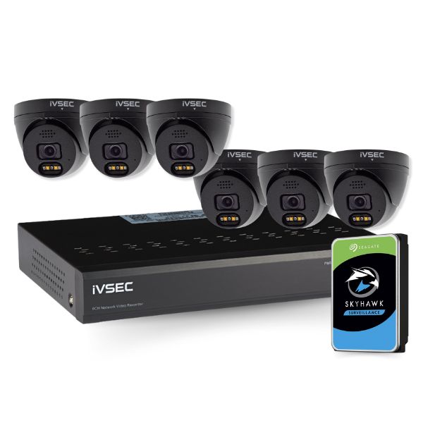 IVSEC Security Kit: 6x 8MP Adv. Deter Turret, SONY Sensor, Black, 8CH NVR, HDD