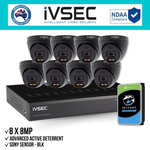 IVSEC Security Kit: 8x 8MP Adv. Deter Turret, SONY Sensor, Black, 8CH NVR, HDD