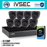 IVSEC Security Kit: 8x 8MP Adv. Deter Turret, SONY Sensor, Black, 8CH NVR, HDD