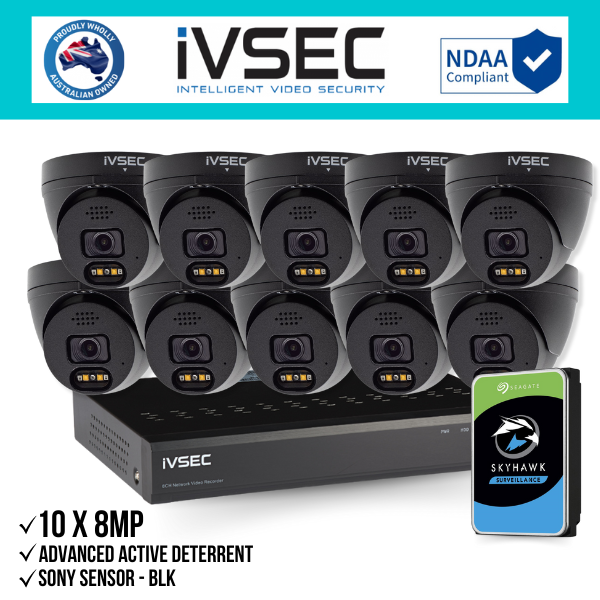 IVSEC Security Kit: 10x 8MP Adv. Deter Turret, SONY Sensor, Black, 16CH NVR, HDD