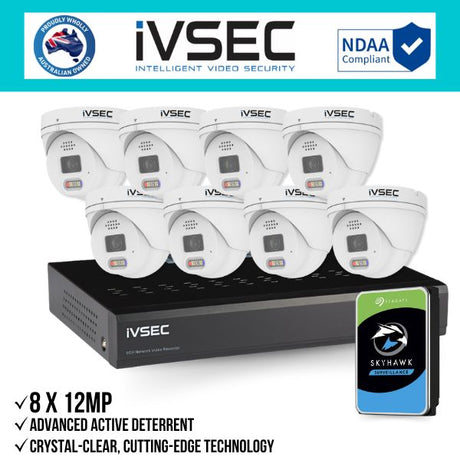 IVSEC Security Kit: 8x 12MP Adv. Deter Turret, 3.6mm, 8CH NVR, HDD