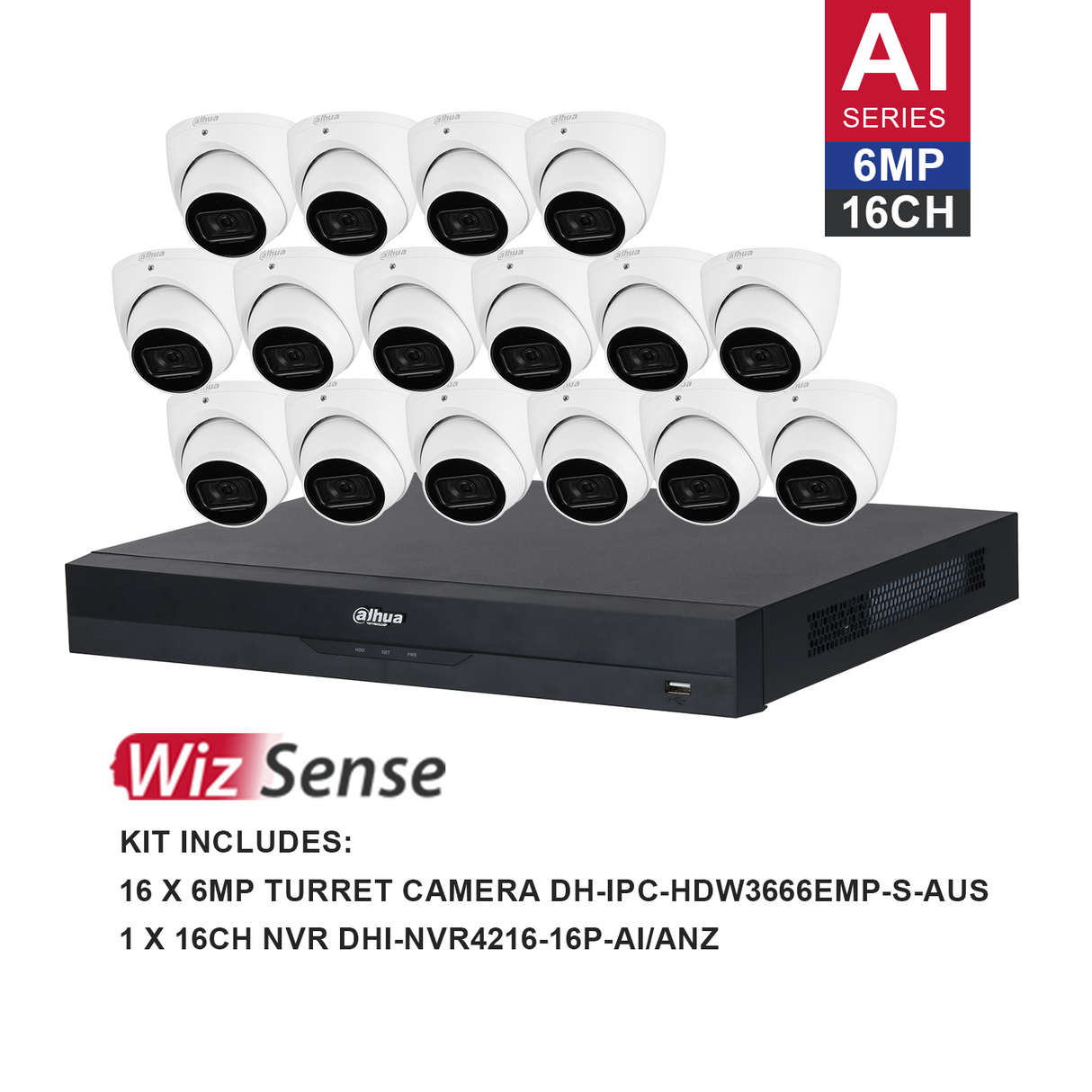 Dahua WizSense 16 Camera Kit: 16x 6MP 3X66 Turret, 16Ch AI NVR - K61616T