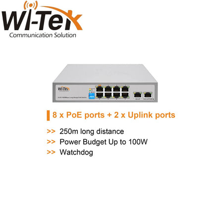 Wi-Tek 8FE+2FE uplink 250m Long Range 8 Ports PoE Switch - WI-PS210G V3