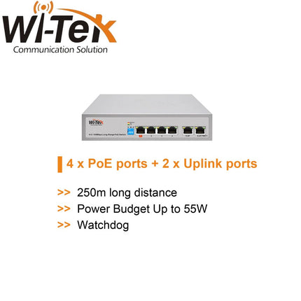 Wi-Tek 4FE+2FE uplink 250m Long Range 4 PoE Switch - WI-PS205 V3