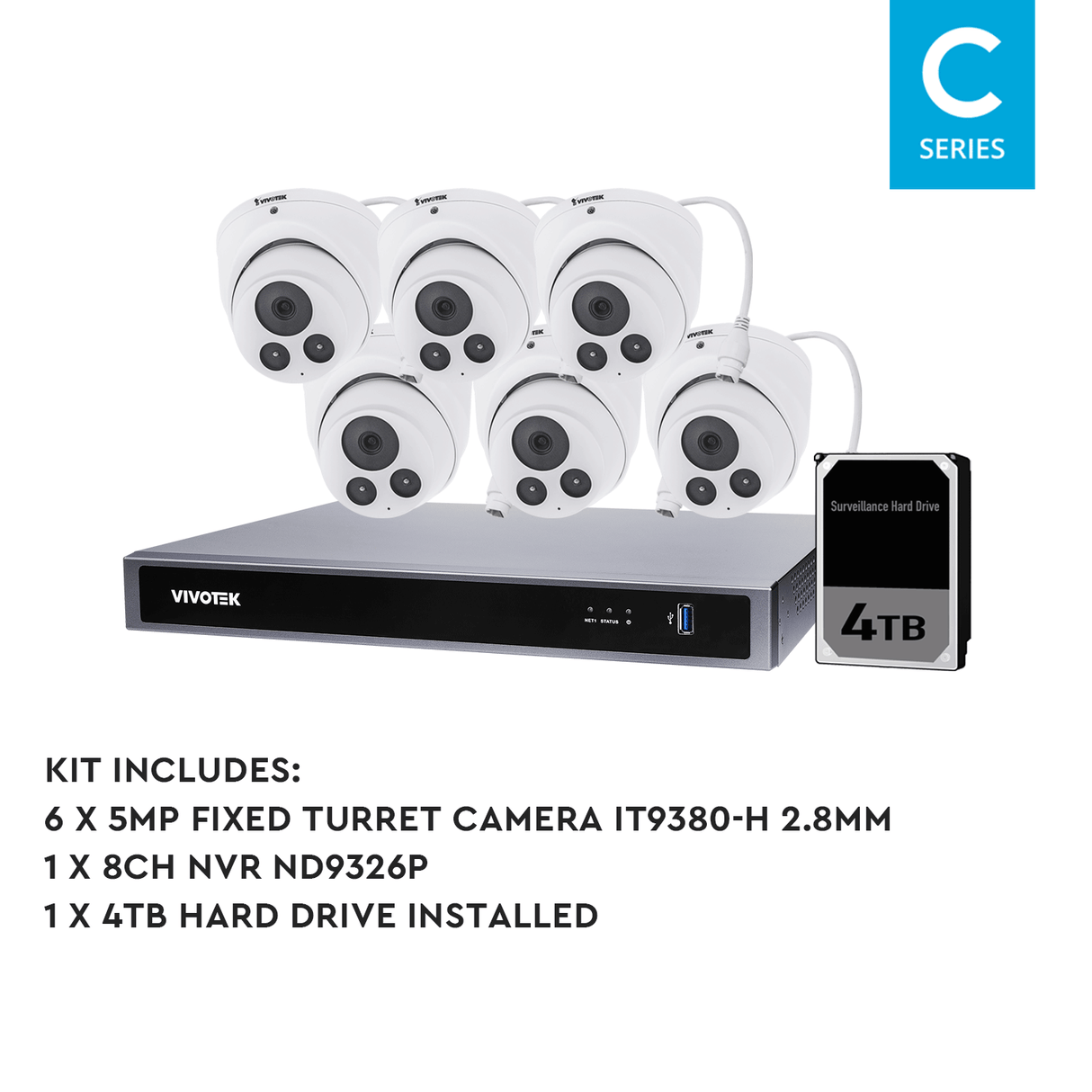 VIVOTEK 6 Camera Kit: 6x 5MP VF Bullet, 8CH AI NVR, 4TB HDD