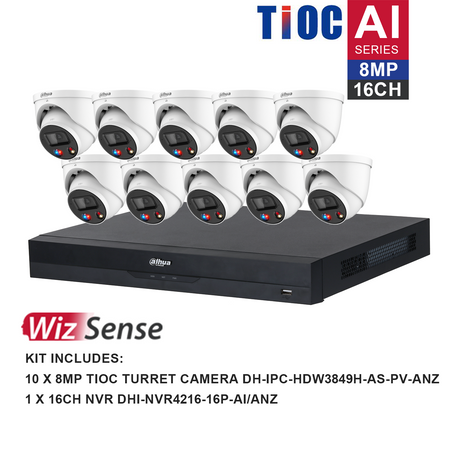 Dahua WizSense 10 Camera Kit: 10x 8MP TiOC Turret, 16Ch AI NVR - K81610TIOC