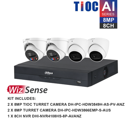 Dahua WizSense 4 Camera Kit: 2x 8MP 3X66, 2x 8MP TiOC Turret, 8Ch AI NVR - M8082T2TIOC