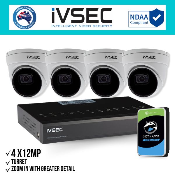 IVSEC Security Kit: 4x 12MP Turret, 3.6mm, 8CH NVR, HDD