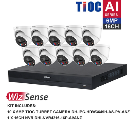 Dahua WizSense 10 Camera Kit: 10x 6MP TiOC Turret, 16Ch AI NVR - K61610TIOC