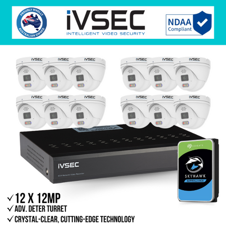 IVSEC Security Kit: 12x 12MP Adv. Deter Turret, 3.6mm, 16CH NVR, HDD