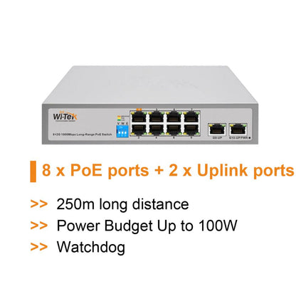 Wi-Tek 8FE+2FE uplink 250m Long Range 8 Ports PoE Switch - WI-PS210G V3