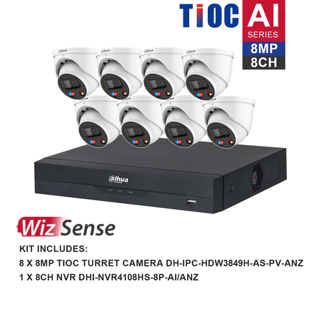 Dahua WizSense 8 Camera Kit: 8x 8MP TiOC Turret, 8Ch AI NVR - K8088TIOC