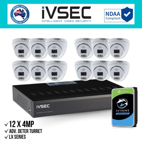 IVSEC Security Kit: 12x 4MP Adv. Deter Turret, LX Series, 16CH NVR, HDD