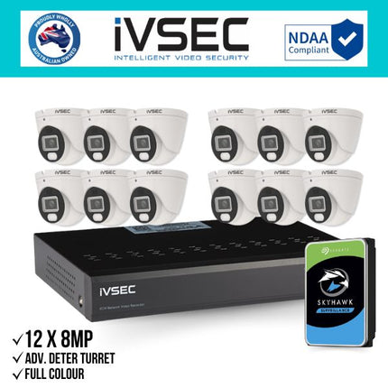 IVSEC Security Kit: 12x 8MP Adv. Deter Turret, Full-Colour, 16CH NVR, HDD