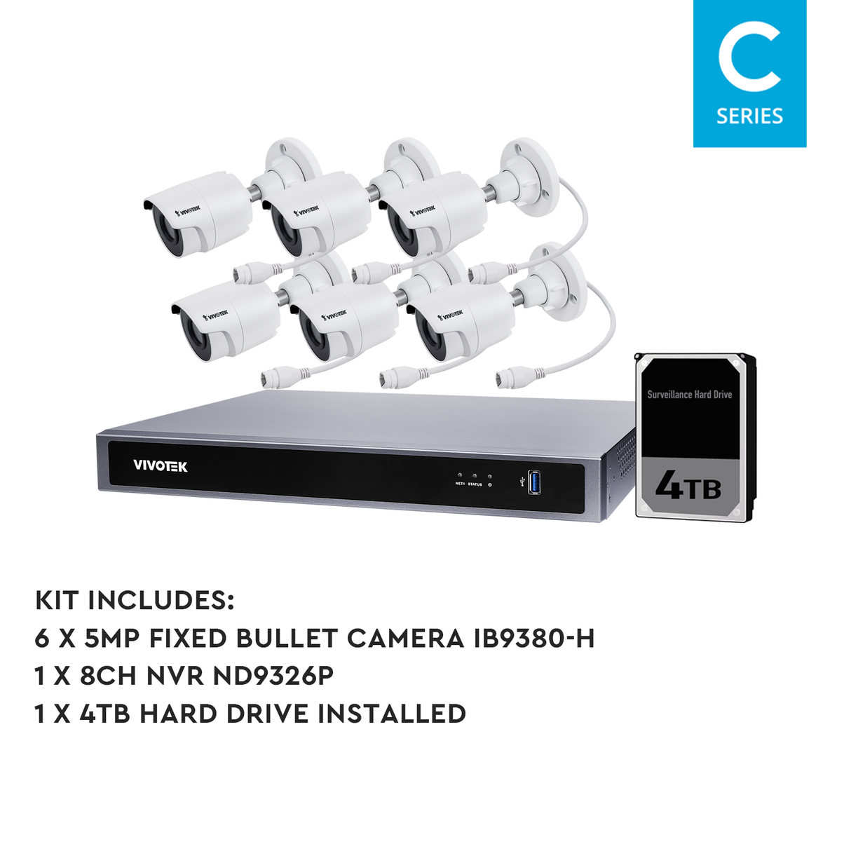 VIVOTEK 6 Camera Kit: 6x 5MP Turret, Mic, 8CH AI NVR, 4TB HDD