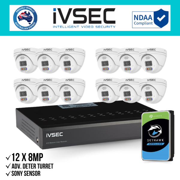 IVSEC Security Kit: 12x 8MP Adv. Deter Turret, SONY Sensor, 16CH NVR, HDD