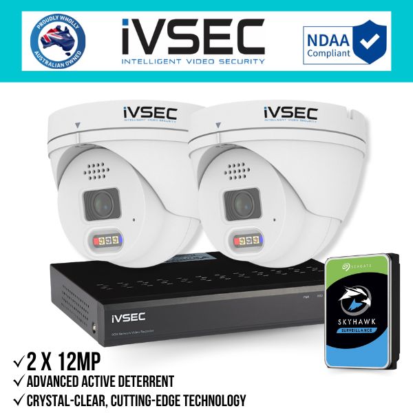 IVSEC Security Kit: 2x 12MP Adv. Deter Turret, 3.6mm, 8CH NVR, HDD