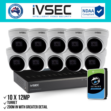 IVSEC Security Kit: 10x 12MP Turret, 3.6mm, 16CH NVR, HDD