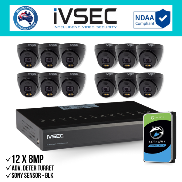 IVSEC Security Kit: 12x 8MP Adv. Deter Turret, SONY Sensor, Black, 16CH NVR, HDD