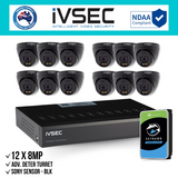 IVSEC Security Kit: 12x 8MP Adv. Deter Turret, SONY Sensor, Black, 16CH NVR, HDD