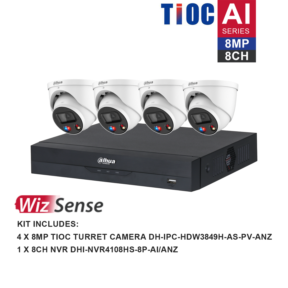 Dahua WizSense 4 Camera Kit: 4x 8MP TiOC Turret, 8Ch AI NVR - K8084TIOC