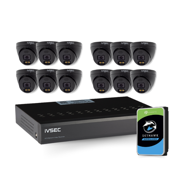 IVSEC Security Kit: 12x 8MP Adv. Deter Turret, SONY Sensor, Black, 16CH NVR, HDD