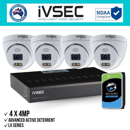 IVSEC Security Kit: 4x 4MP Adv. Deter Turret, LX Series, 4CH NVR, HDD