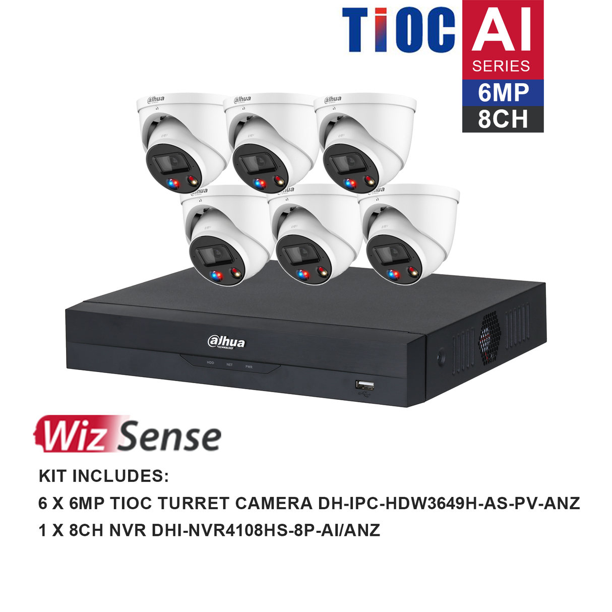 Dahua WizSense 6 Camera Kit: 6x 6MP TiOC Turret, 8Ch AI NVR - K6086TIOC