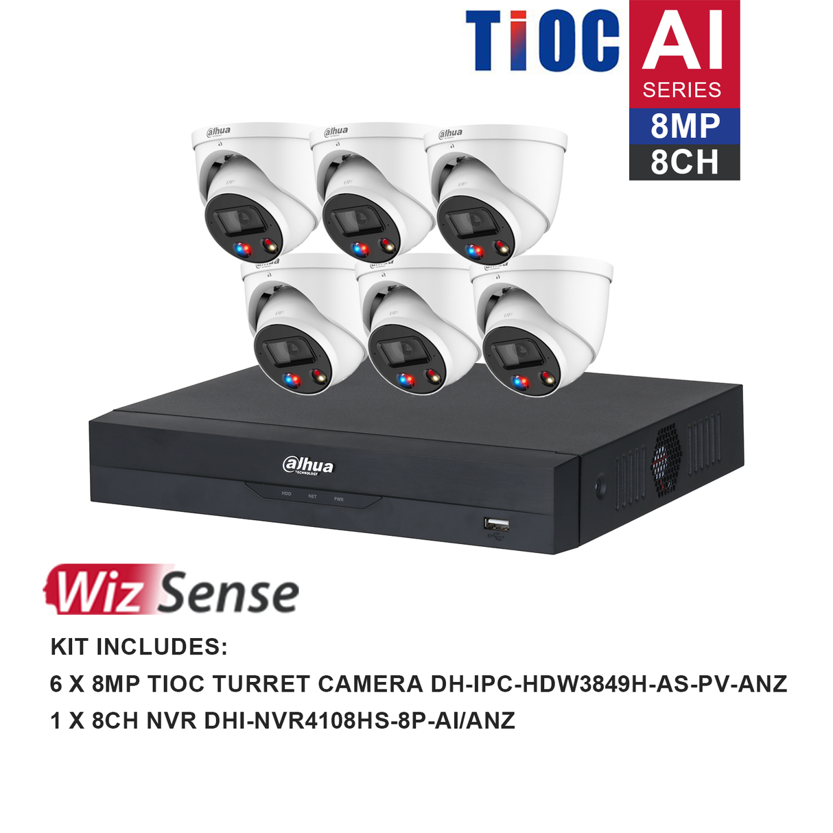 Dahua WizSense 6 Camera Kit: 6x 8MP TiOC Turret, 8Ch AI NVR - K8086TIOC