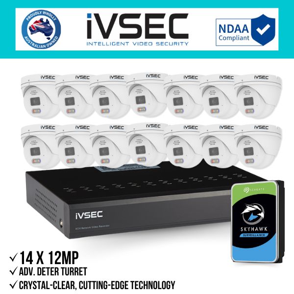 IVSEC Security Kit: 14x 12MP Adv. Deter Turret, 3.6mm, 16CH NVR, HDD