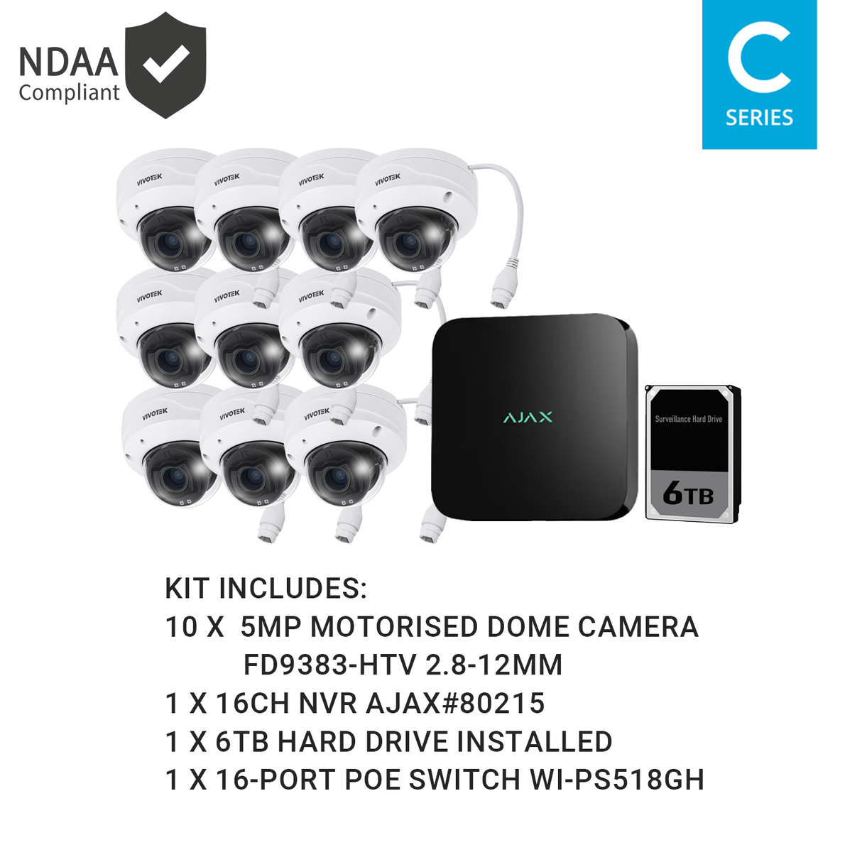 Ajax KIT-AJAX-AI-5MP16106DM-B 16CH Black NVR Vivotek AI 5MP Motorised Dome Kit