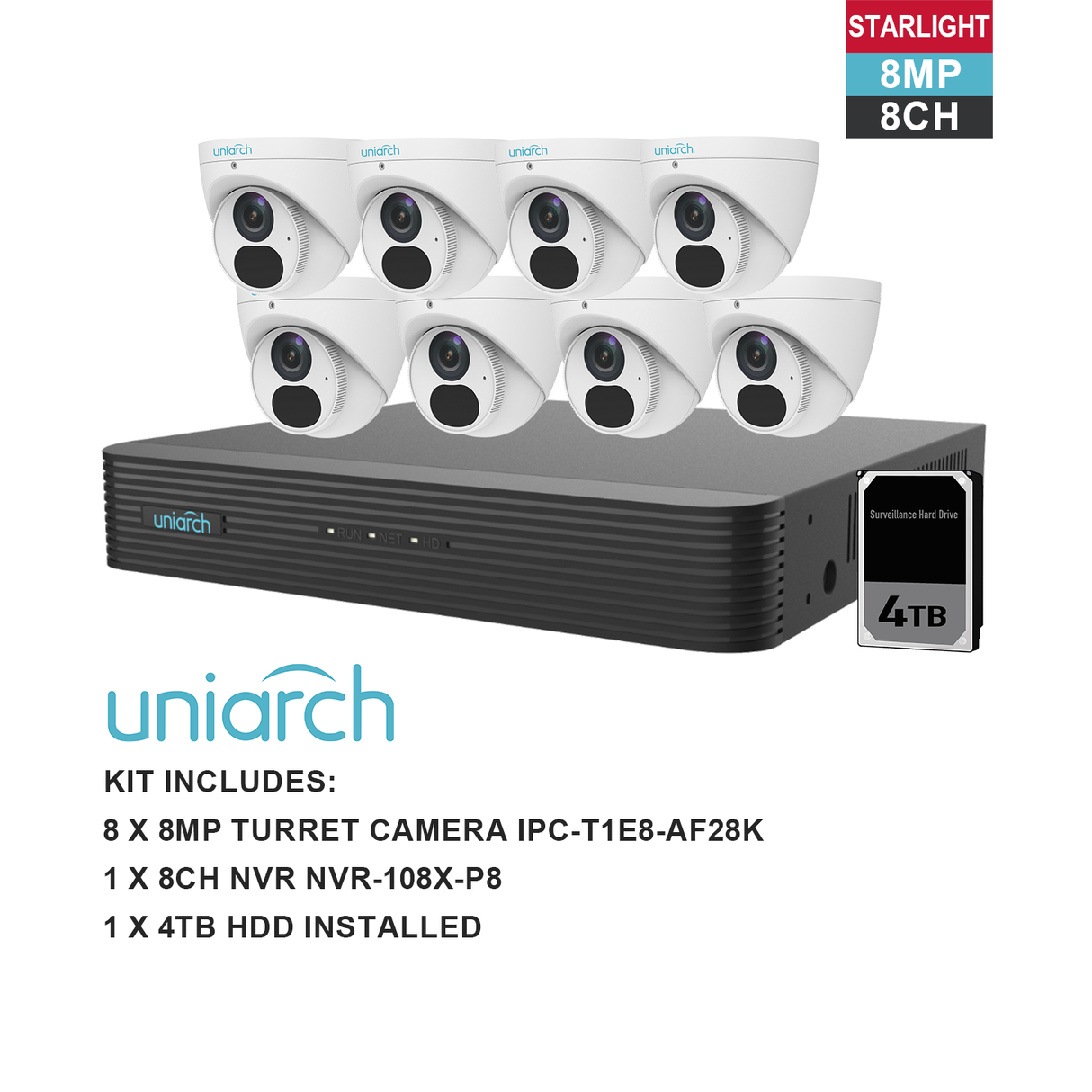 Uniarch K8088T 8MP 8CH Kit with 8 x Turret Cameras