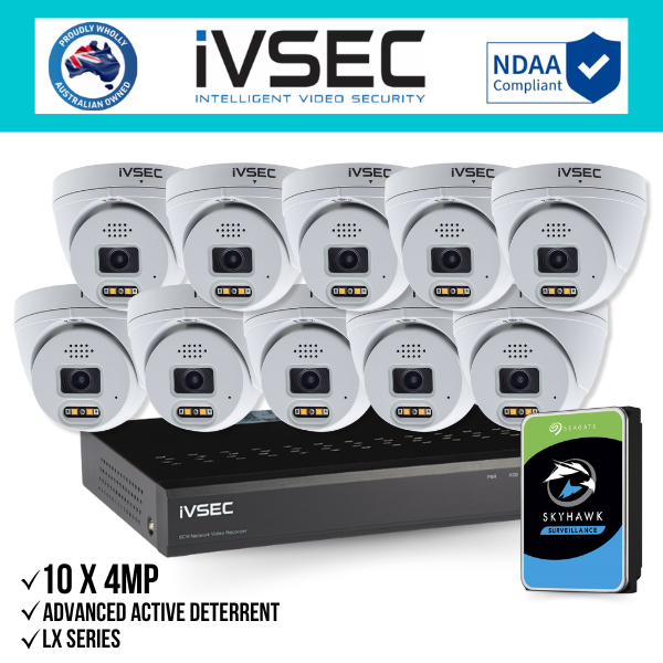 IVSEC Security Kit: 10x 4MP Adv. Deter Turret, LX Series, 16CH NVR, HDD