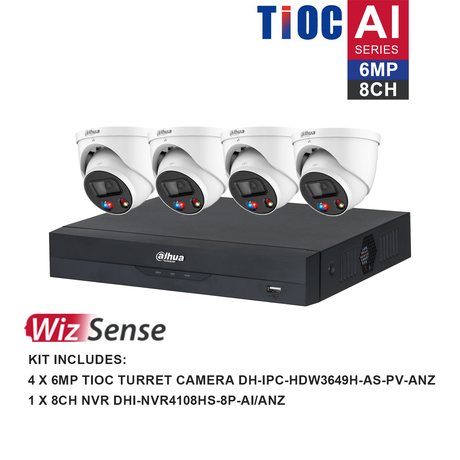 Dahua WizSense 4 Camera Kit: 4x 6MP TiOC Turret, 8Ch AI NVR - K6084TIOC