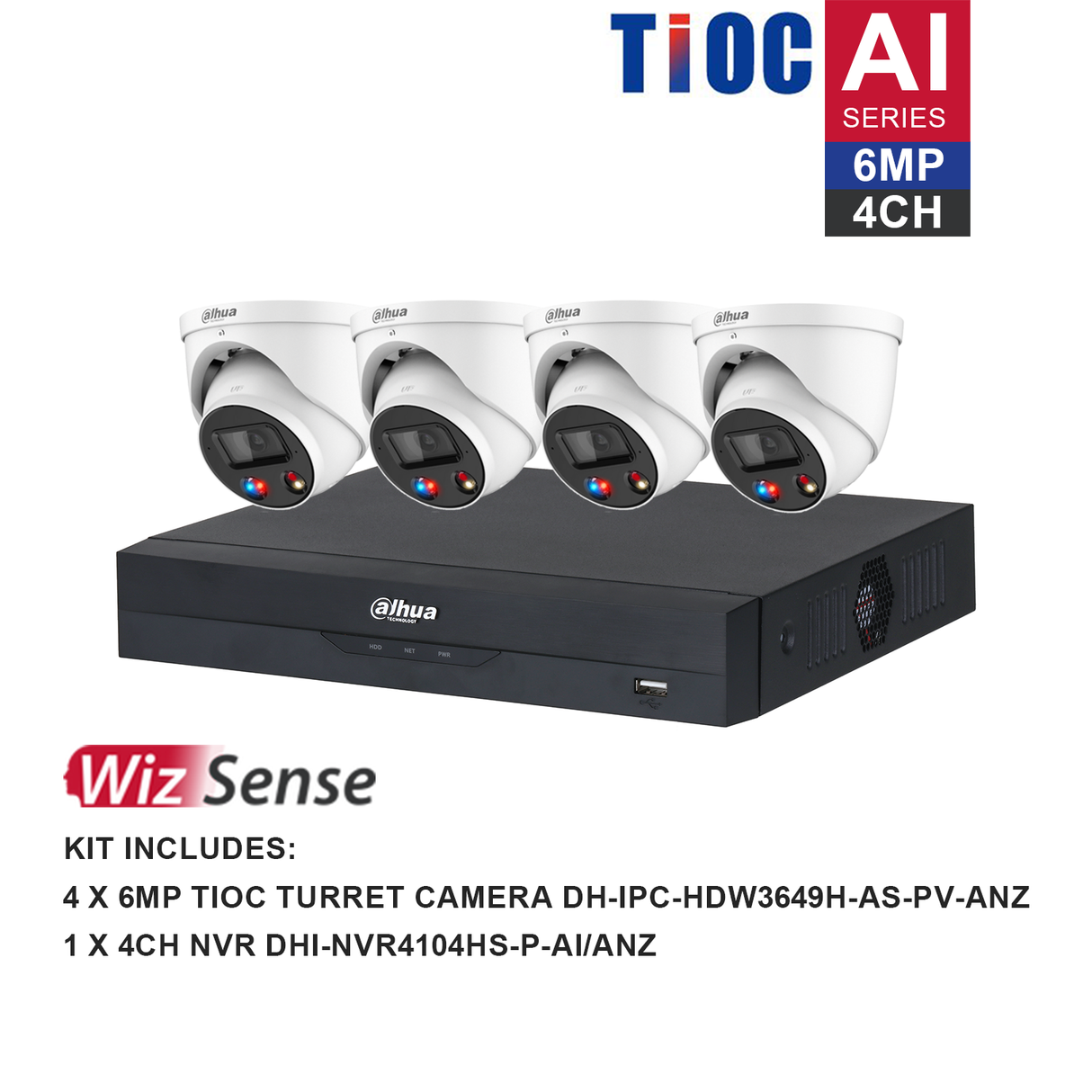 Dahua WizSense 4 Camera Kit: 4x 6MP TiOC Turret, 4Ch AI NVR - K6044TIOC