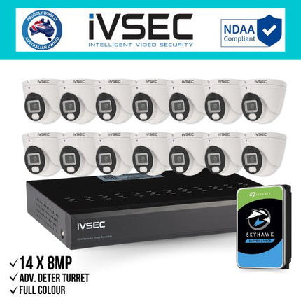 IVSEC Security Kit: 14x 8MP Adv. Deter Turret, Full-Colour, 16CH NVR, HDD