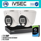 IVSEC Security Kit: 2x 8MP Adv. Deter Turret, Full-Colour, 4CH NVR, HDD