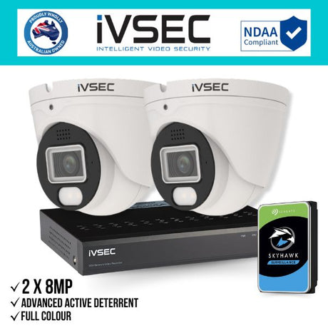 IVSEC Security Kit: 2x 8MP Adv. Deter Turret, Full-Colour, 4CH NVR, HDD